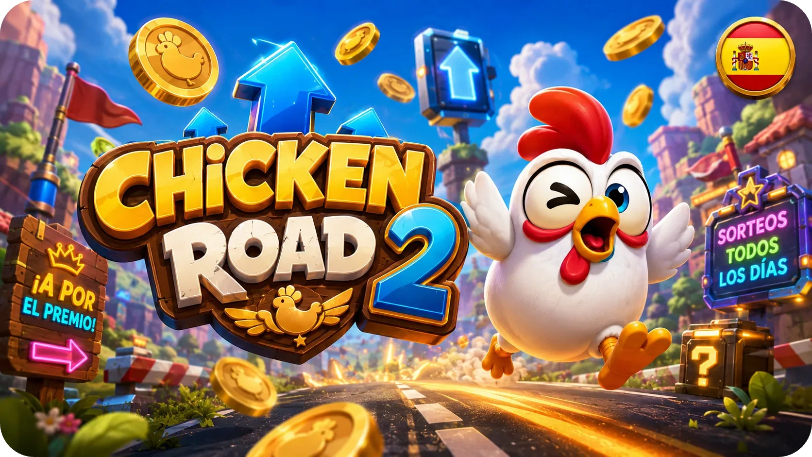 Chicken Road 2 en entorno de casino con monedas y señales de avance