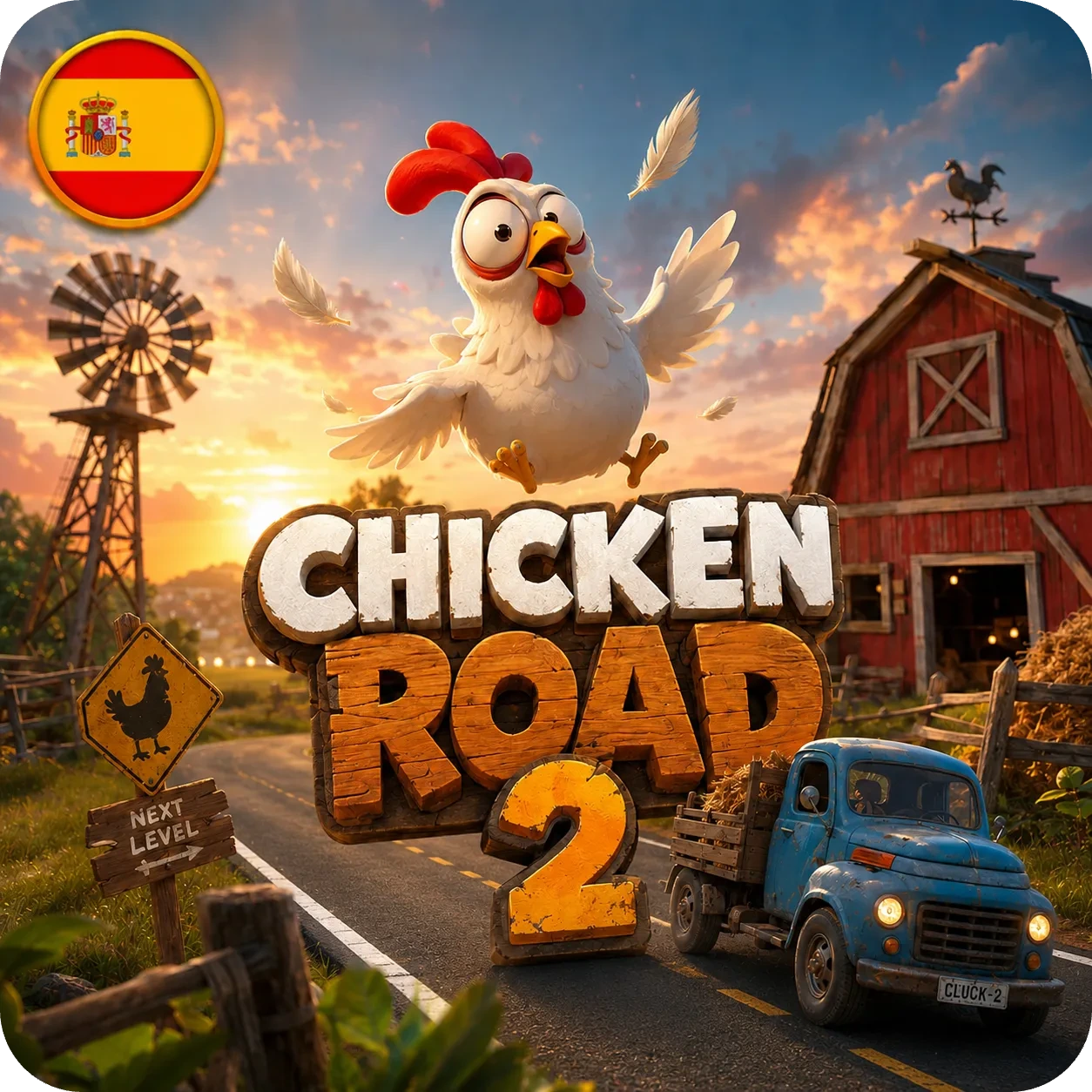 Chicken Road 2 en una carretera rural con señal de peligro