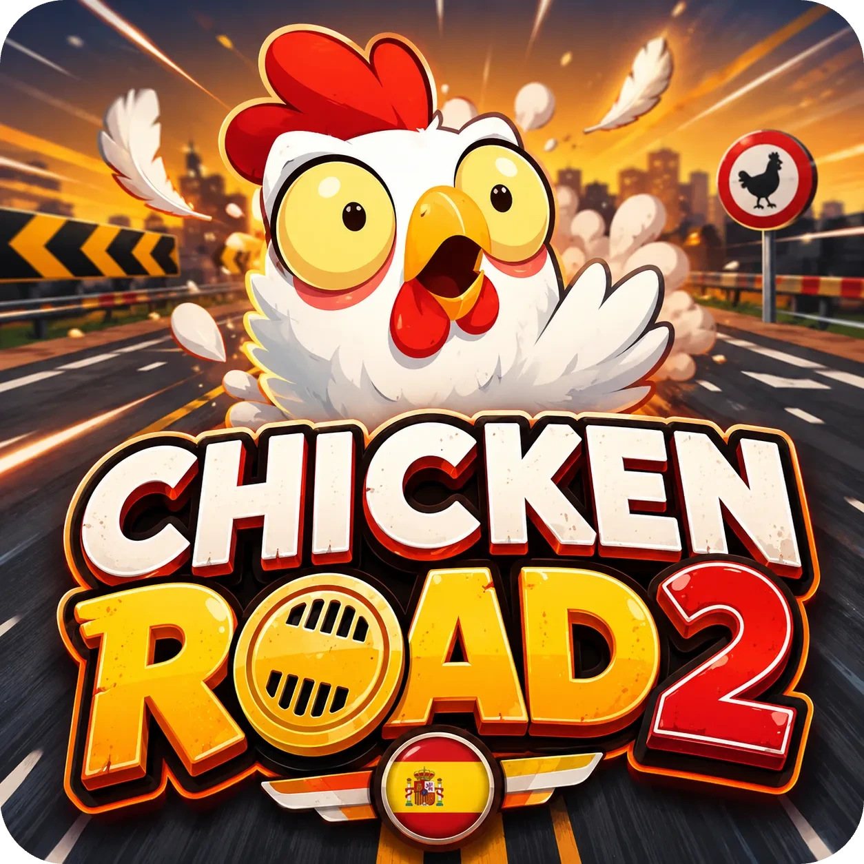Logo de Chicken Road 2 con carretera y señal de advertencia