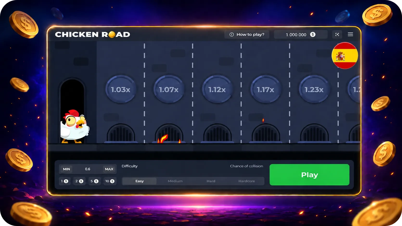 Pantalla demo de Chicken Road con multiplicadores y botón de juego