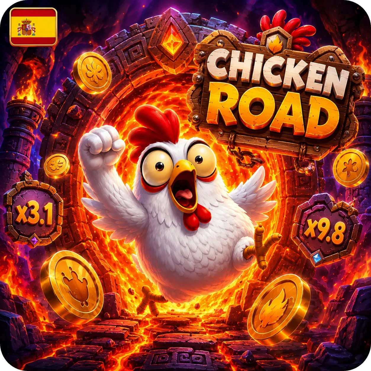 Chicken Road con multiplicadores, monedas y escena de riesgo