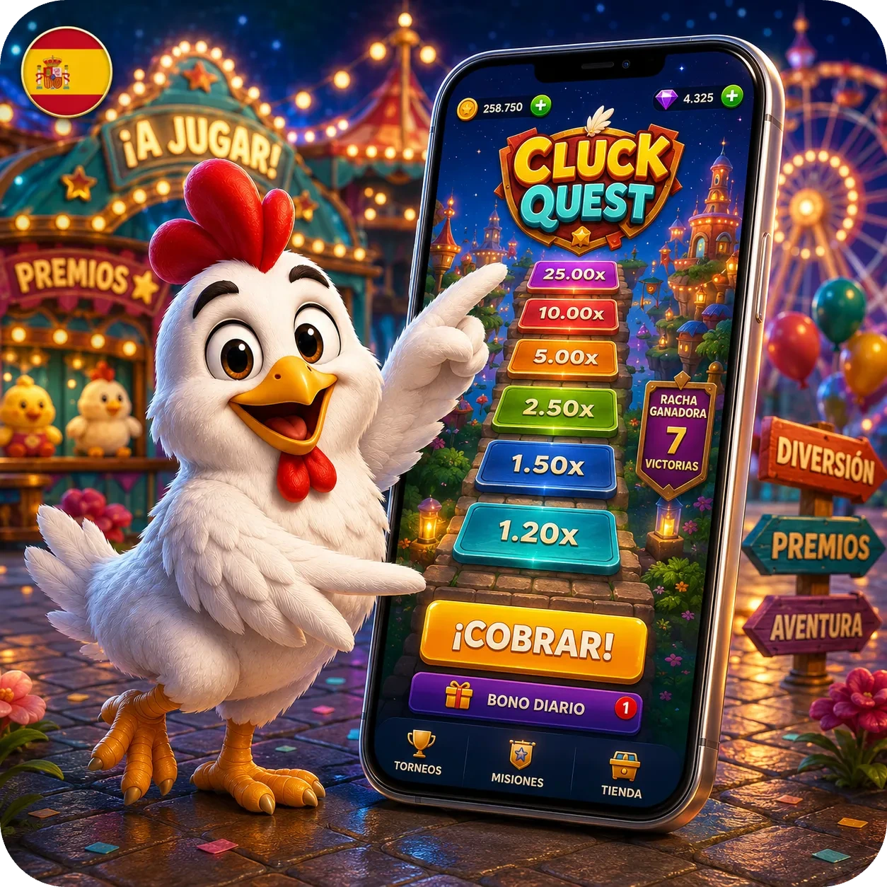 Chicken Road en móvil con multiplicadores y botón de cobro