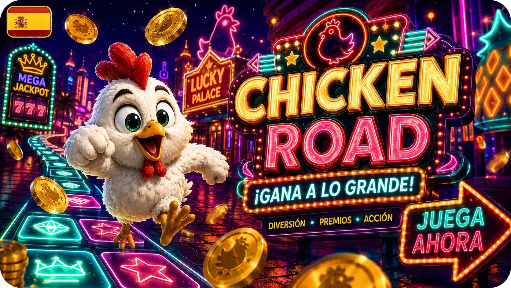 Banner de Chicken Road con estética de casino neón y monedas